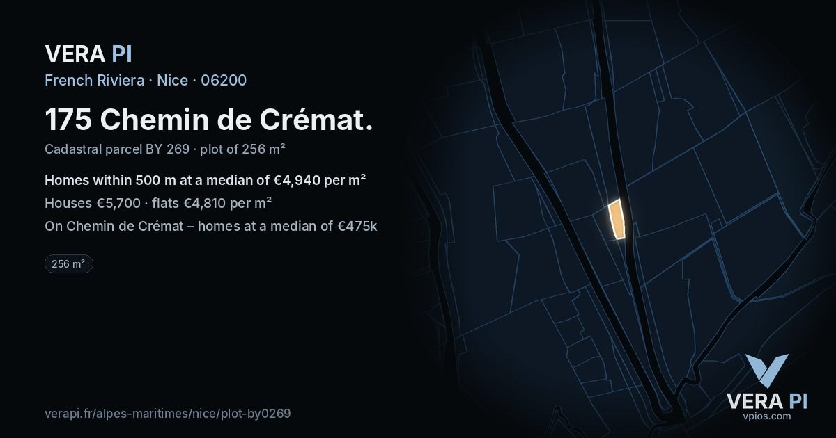175 Chemin de Crémat, Nice at night – the plot lit, the parcels around coloured by the prices near them