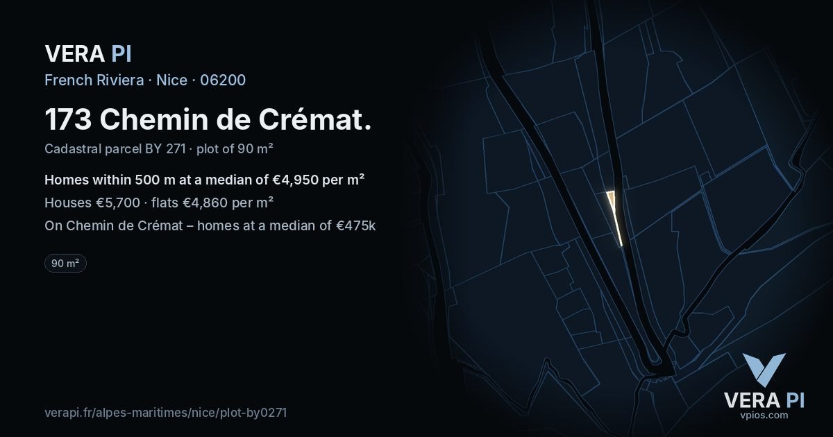 173 Chemin de Crémat, Nice at night – the plot lit, the parcels around coloured by the prices near them