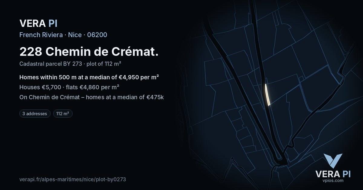 228 Chemin de Crémat, Nice at night – the plot lit, the parcels around coloured by the prices near them