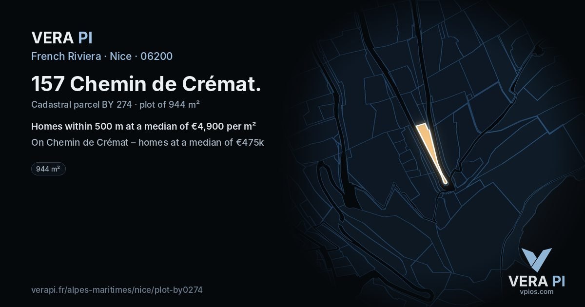 157 Chemin de Crémat, Nice at night – the plot lit, the parcels around coloured by the prices near them