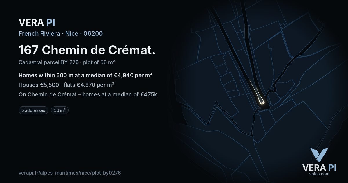 167 Chemin de Crémat, Nice at night – the plot lit, the parcels around coloured by the prices near them