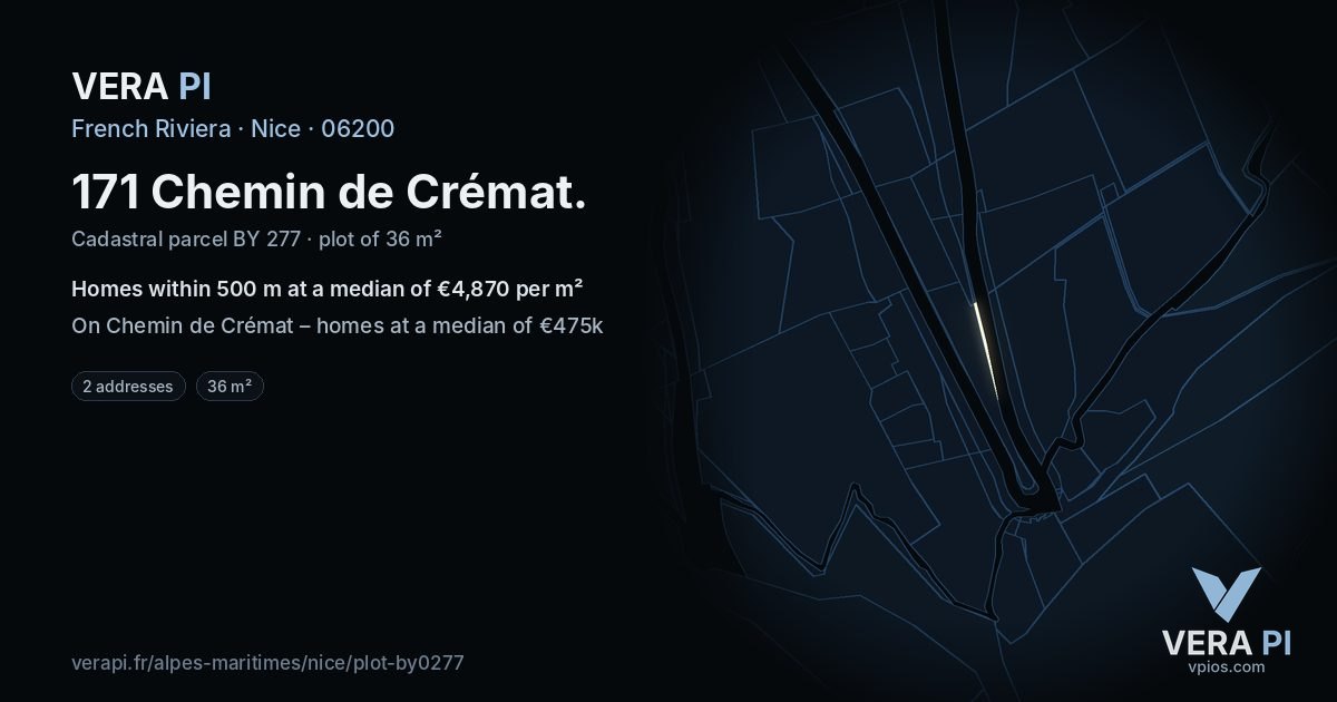 171 Chemin de Crémat, Nice at night – the plot lit, the parcels around coloured by the prices near them
