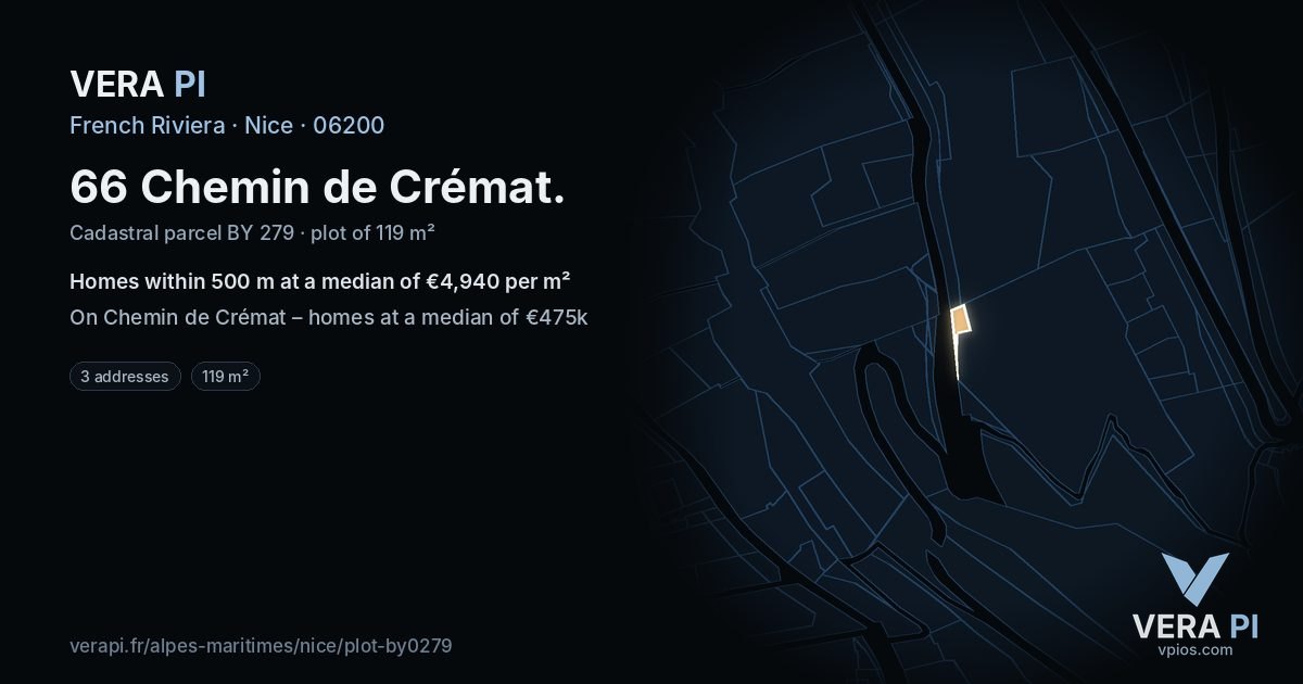 66 Chemin de Crémat, Nice at night – the plot lit, the parcels around coloured by the prices near them
