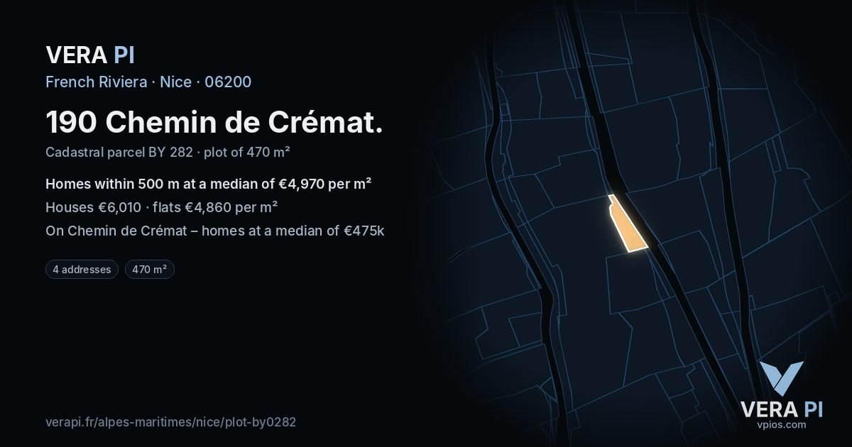 190 Chemin de Crémat, Nice at night – the plot lit, the parcels around coloured by the prices near them