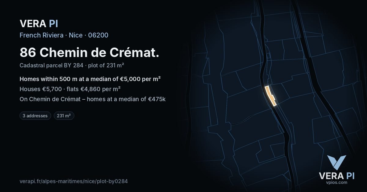 86 Chemin de Crémat, Nice at night – the plot lit, the parcels around coloured by the prices near them
