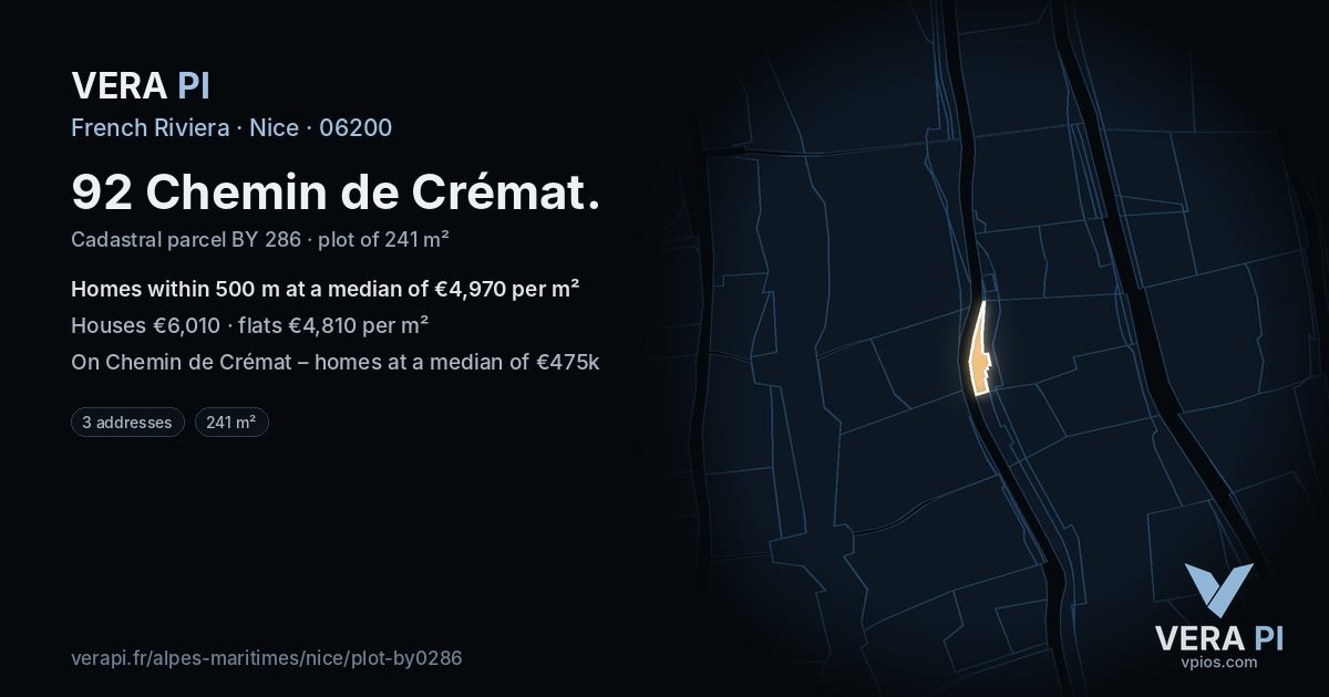 92 Chemin de Crémat, Nice at night – the plot lit, the parcels around coloured by the prices near them