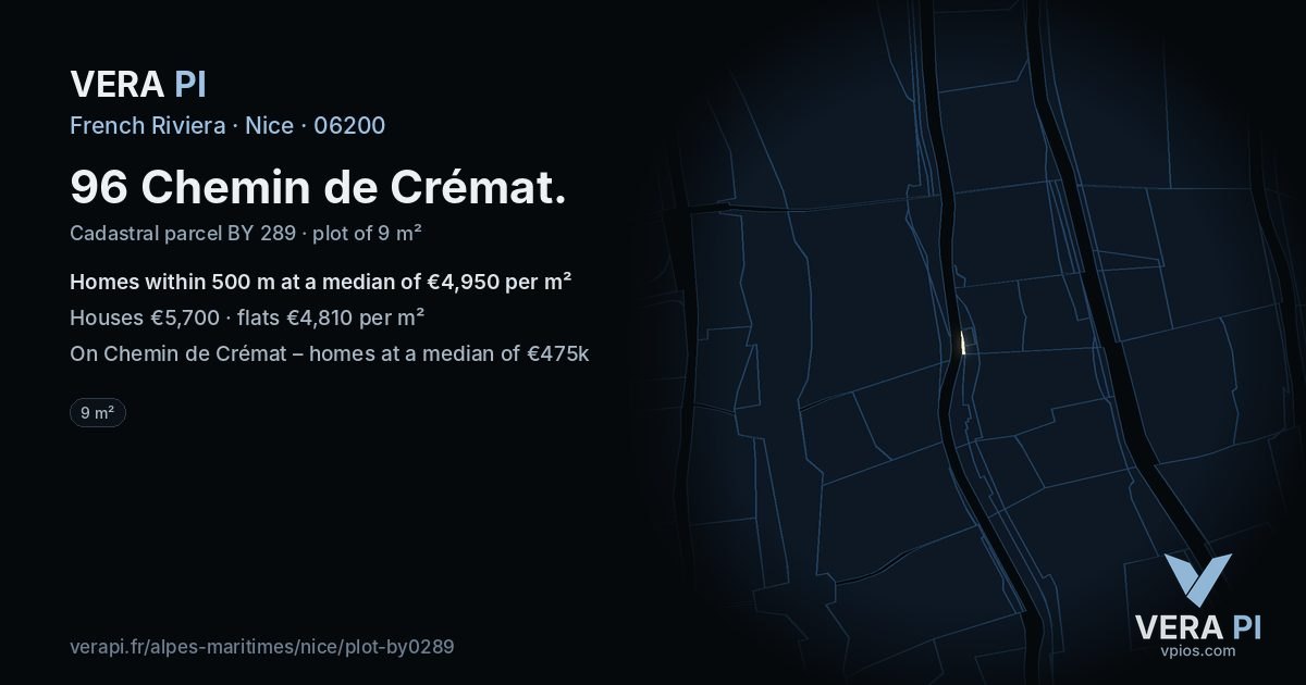 96 Chemin de Crémat, Nice at night – the plot lit, the parcels around coloured by the prices near them