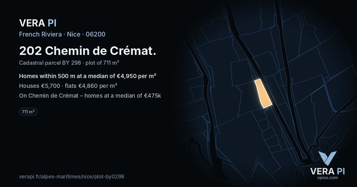 202 Chemin de Crémat, Nice at night – the plot lit, the parcels around coloured by the prices near them