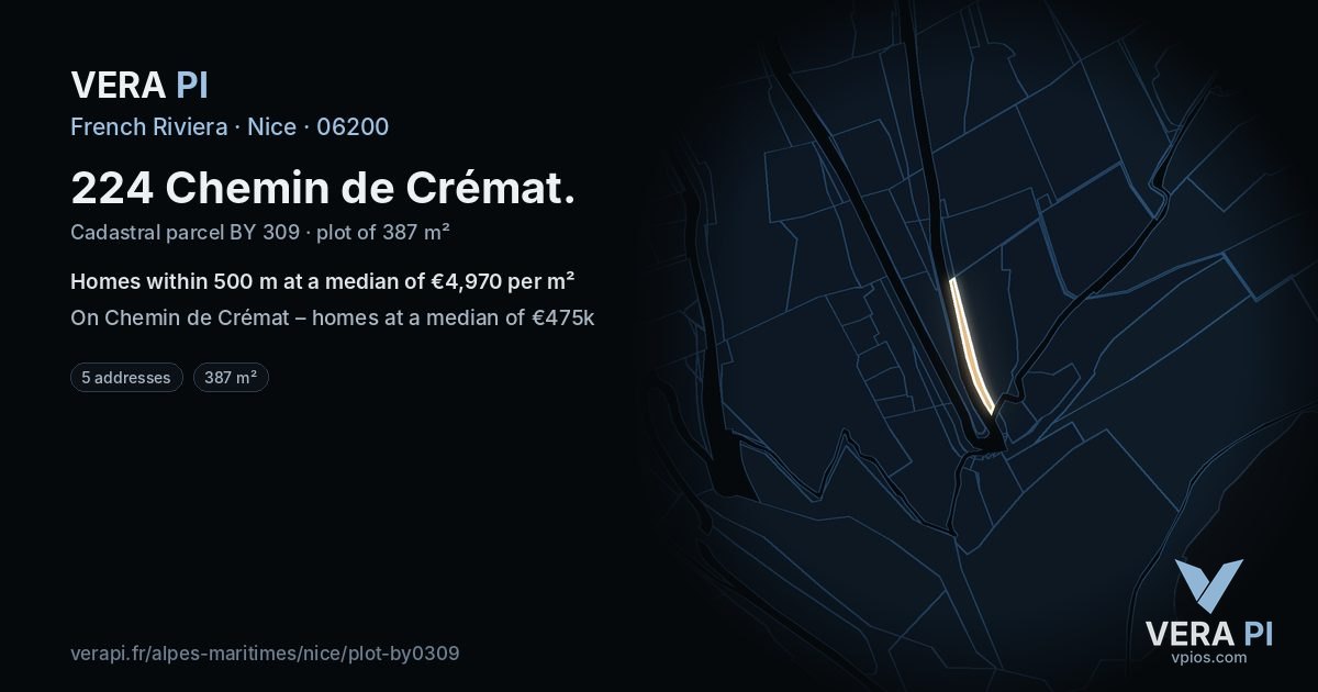 224 Chemin de Crémat, Nice at night – the plot lit, the parcels around coloured by the prices near them