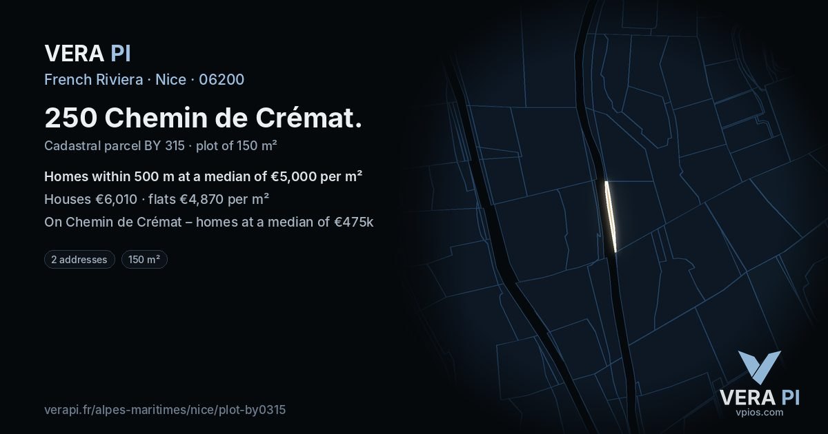 250 Chemin de Crémat, Nice at night – the plot lit, the parcels around coloured by the prices near them