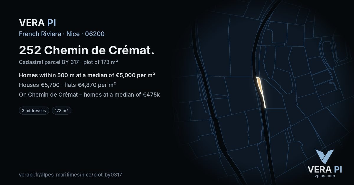 252 Chemin de Crémat, Nice at night – the plot lit, the parcels around coloured by the prices near them