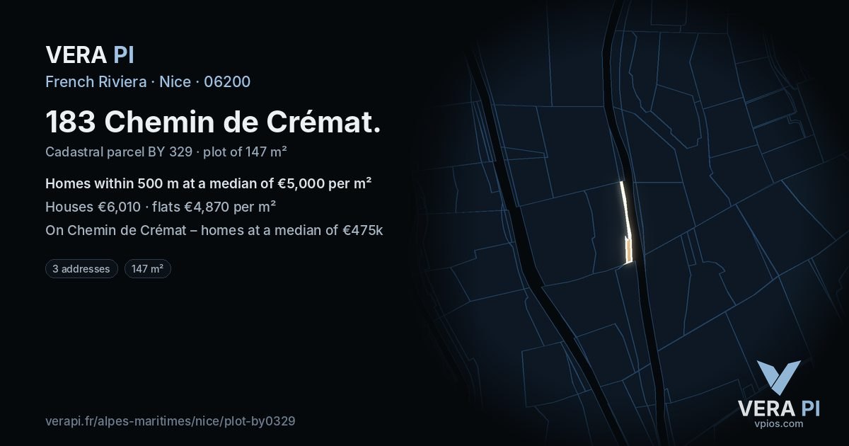 183 Chemin de Crémat, Nice at night – the plot lit, the parcels around coloured by the prices near them