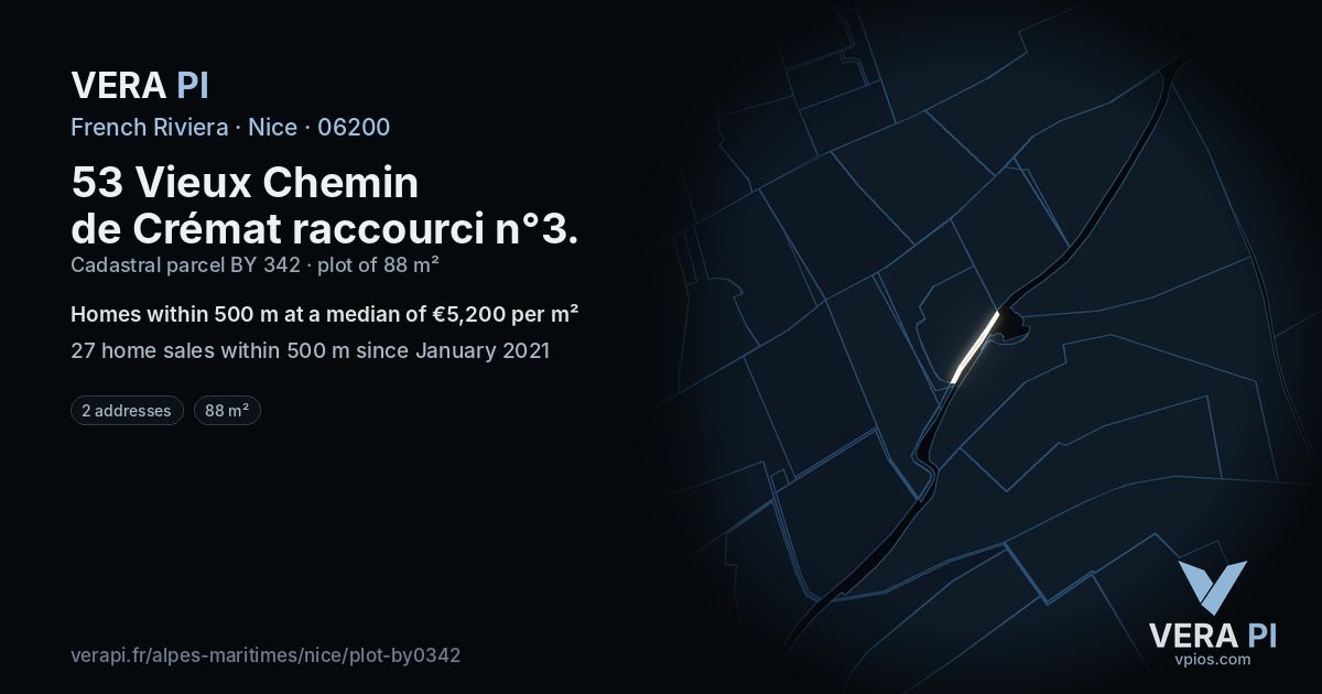 53 Vieux Chemin de Crémat raccourci n°3, Nice at night – the plot lit, the parcels around coloured by the prices near them
