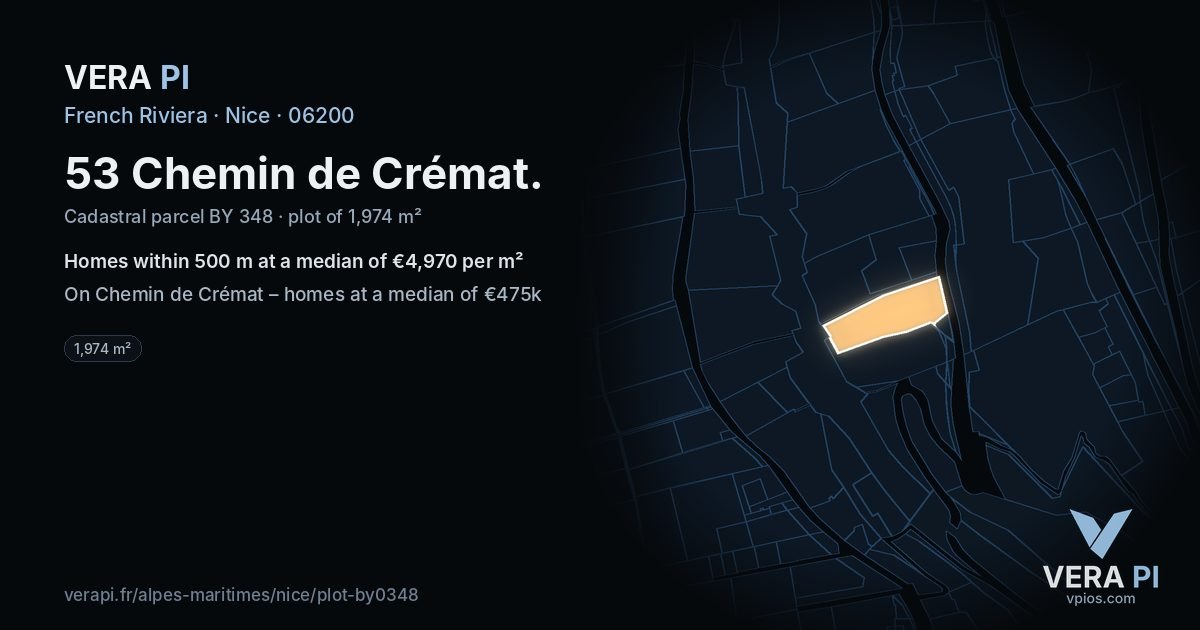 53 Chemin de Crémat, Nice at night – the plot lit, the parcels around coloured by the prices near them