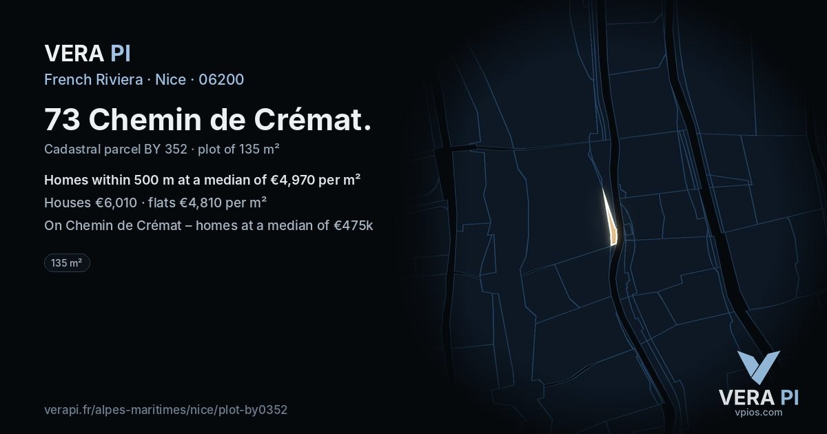 73 Chemin de Crémat, Nice at night – the plot lit, the parcels around coloured by the prices near them