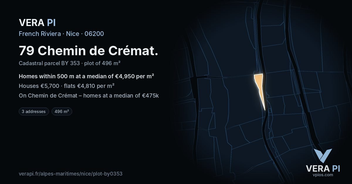 79 Chemin de Crémat, Nice at night – the plot lit, the parcels around coloured by the prices near them