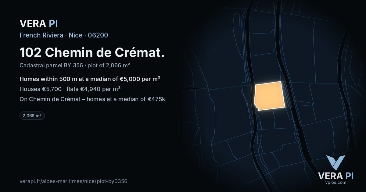 102 Chemin de Crémat, Nice at night – the plot lit, the parcels around coloured by the prices near them