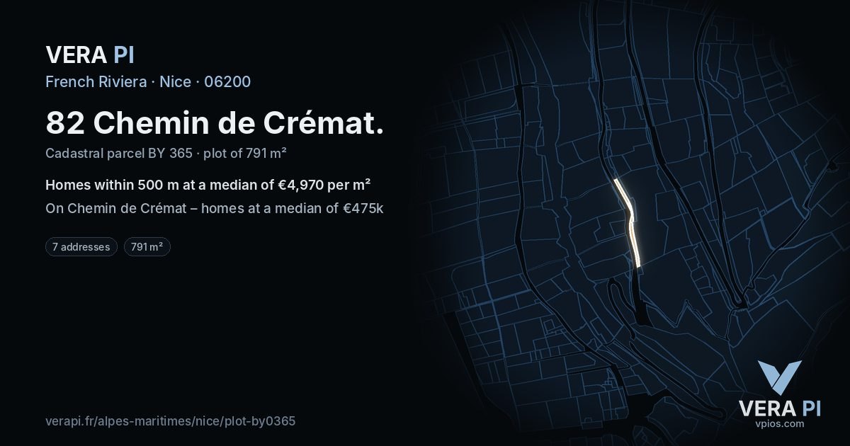82 Chemin de Crémat, Nice at night – the plot lit, the parcels around coloured by the prices near them
