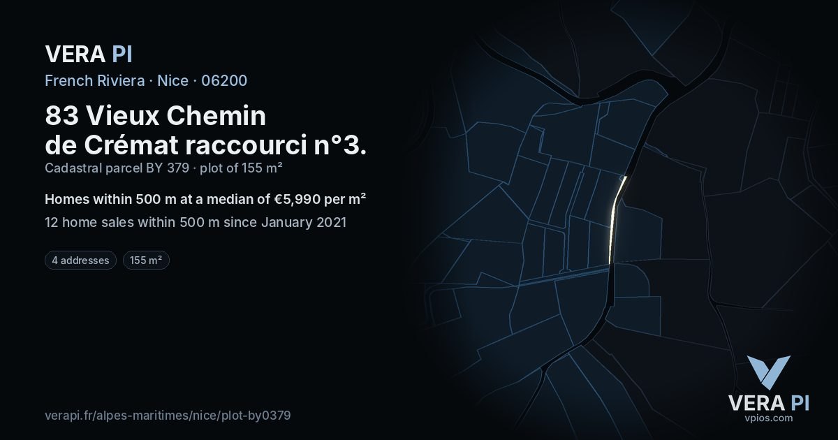 83 Vieux Chemin de Crémat raccourci n°3, Nice at night – the plot lit, the parcels around coloured by the prices near them
