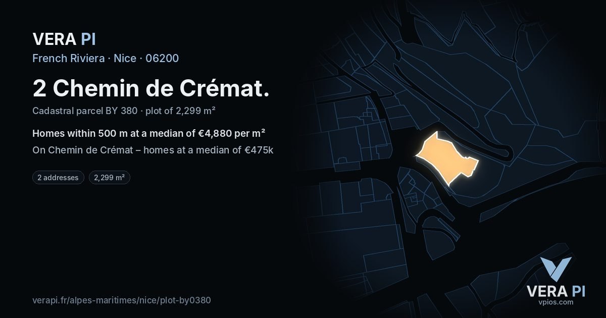 2 Chemin de Crémat, Nice at night – the plot lit, the parcels around coloured by the prices near them