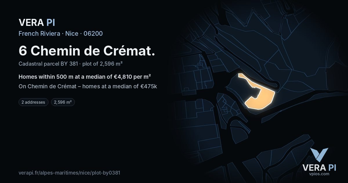 6 Chemin de Crémat, Nice at night – the plot lit, the parcels around coloured by the prices near them