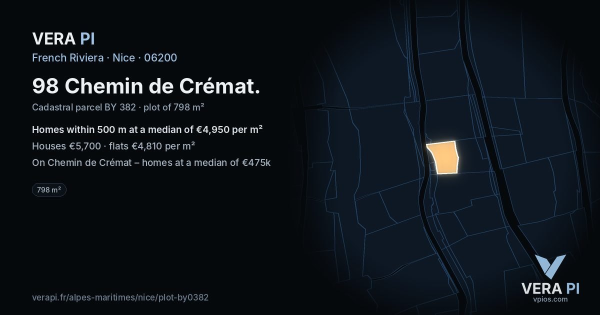 98 Chemin de Crémat, Nice at night – the plot lit, the parcels around coloured by the prices near them