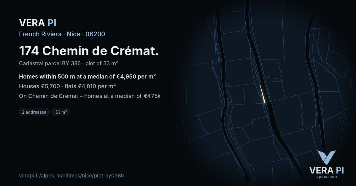 174 Chemin de Crémat, Nice at night – the plot lit, the parcels around coloured by the prices near them