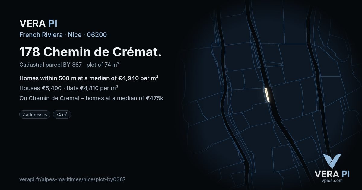 178 Chemin de Crémat, Nice at night – the plot lit, the parcels around coloured by the prices near them