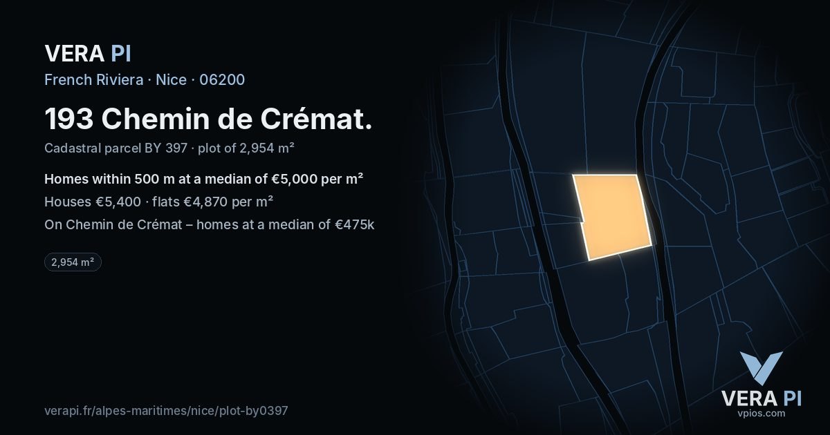 193 Chemin de Crémat, Nice at night – the plot lit, the parcels around coloured by the prices near them
