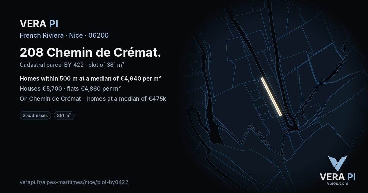 208 Chemin de Crémat, Nice at night – the plot lit, the parcels around coloured by the prices near them