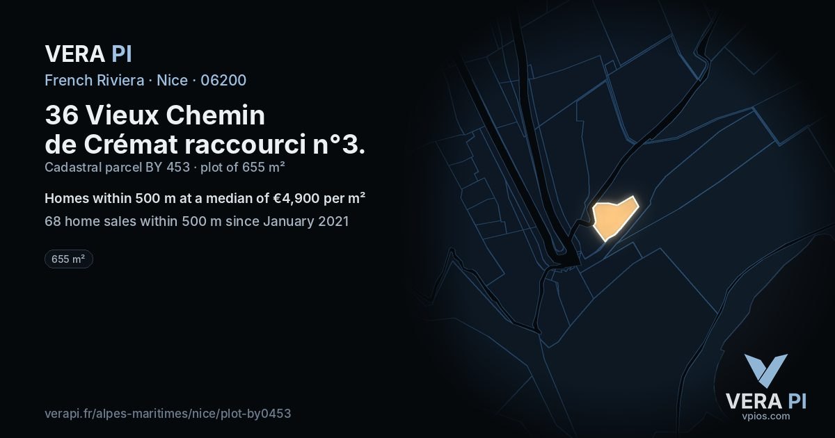 36 Vieux Chemin de Crémat raccourci n°3, Nice at night – the plot lit, the parcels around coloured by the prices near them