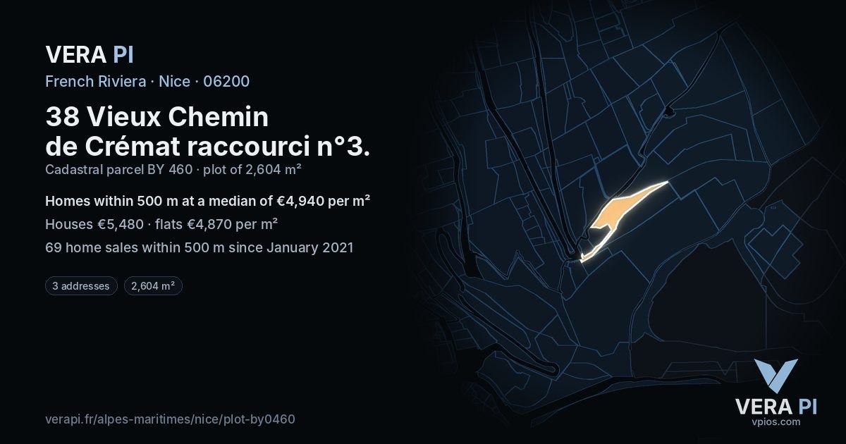 38 Vieux Chemin de Crémat raccourci n°3, Nice at night – the plot lit, the parcels around coloured by the prices near them
