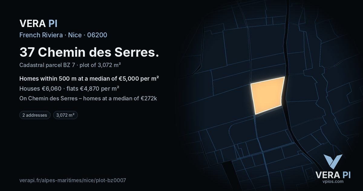 37 Chemin des Serres, Nice at night – the plot lit, the parcels around coloured by the prices near them