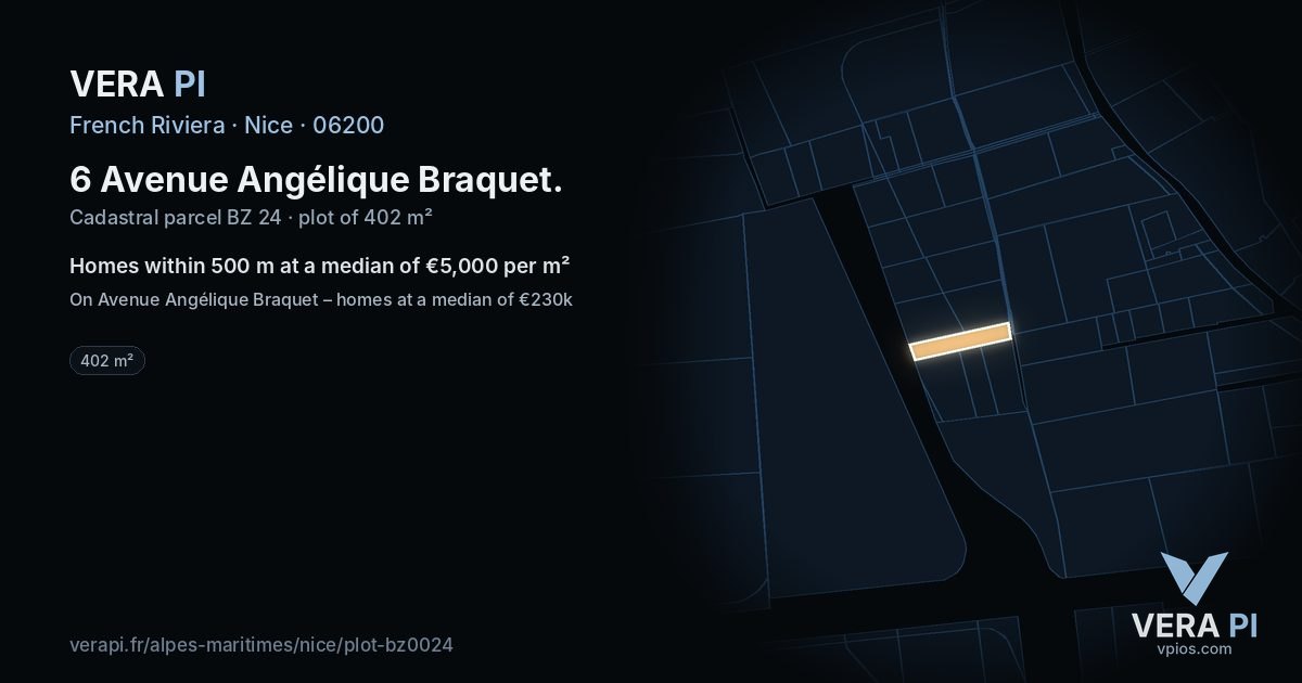 6 Avenue Angélique Braquet, Nice at night – the plot lit, the parcels around coloured by the prices near them