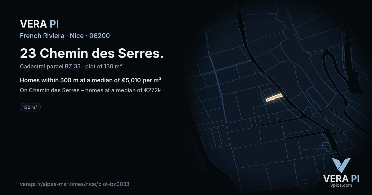 23 Chemin des Serres, Nice at night – the plot lit, the parcels around coloured by the prices near them