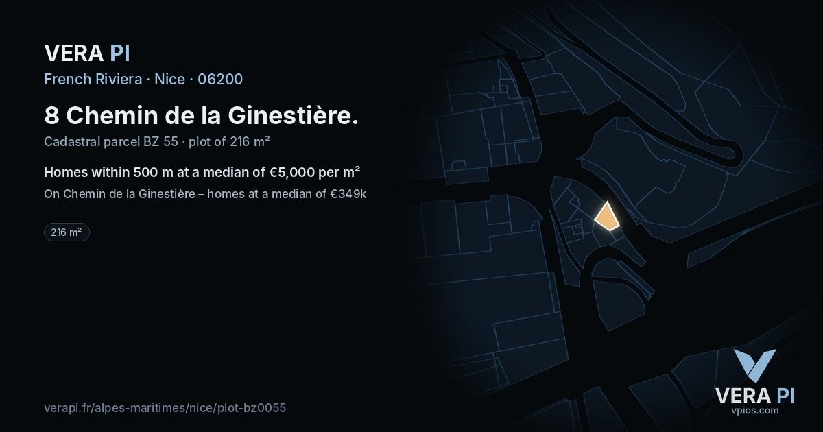 8 Chemin de la Ginestière, Nice at night – the plot lit, the parcels around coloured by the prices near them