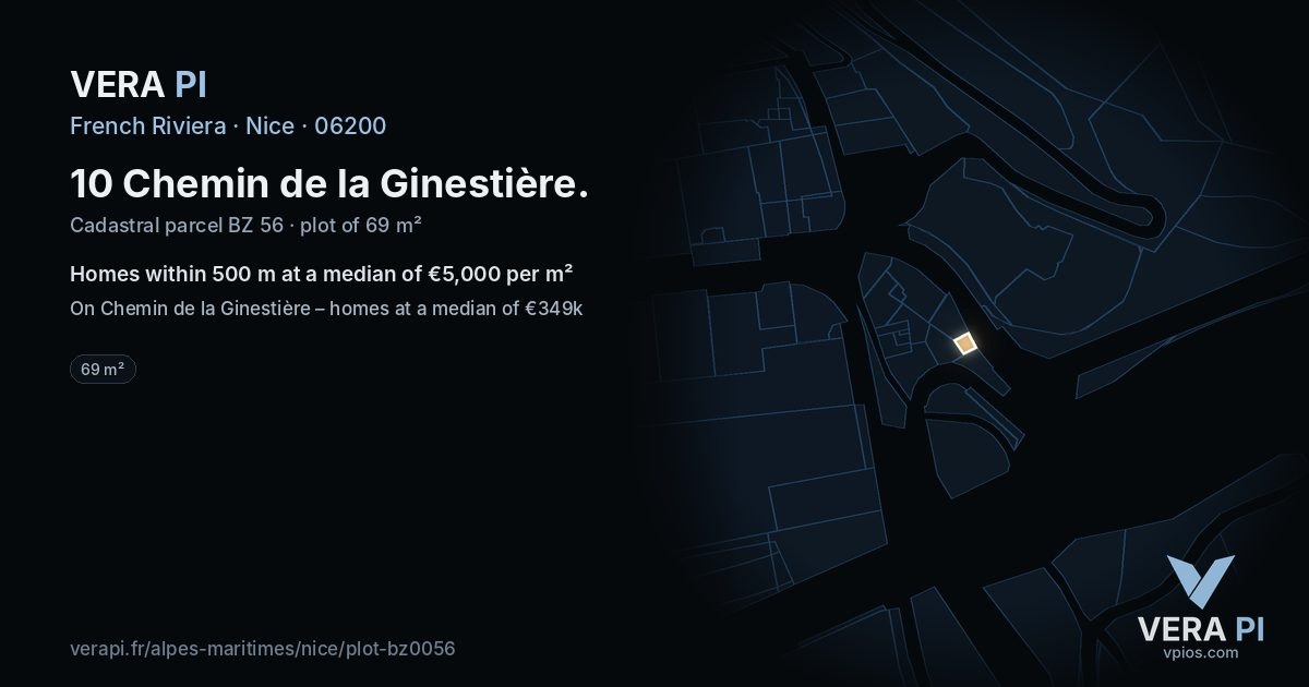 10 Chemin de la Ginestière, Nice at night – the plot lit, the parcels around coloured by the prices near them