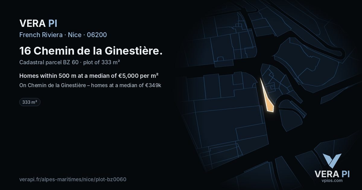 16 Chemin de la Ginestière, Nice at night – the plot lit, the parcels around coloured by the prices near them
