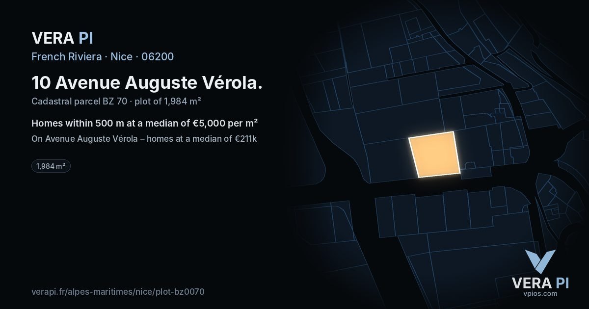 10 Avenue Auguste Vérola, Nice at night – the plot lit, the parcels around coloured by the prices near them