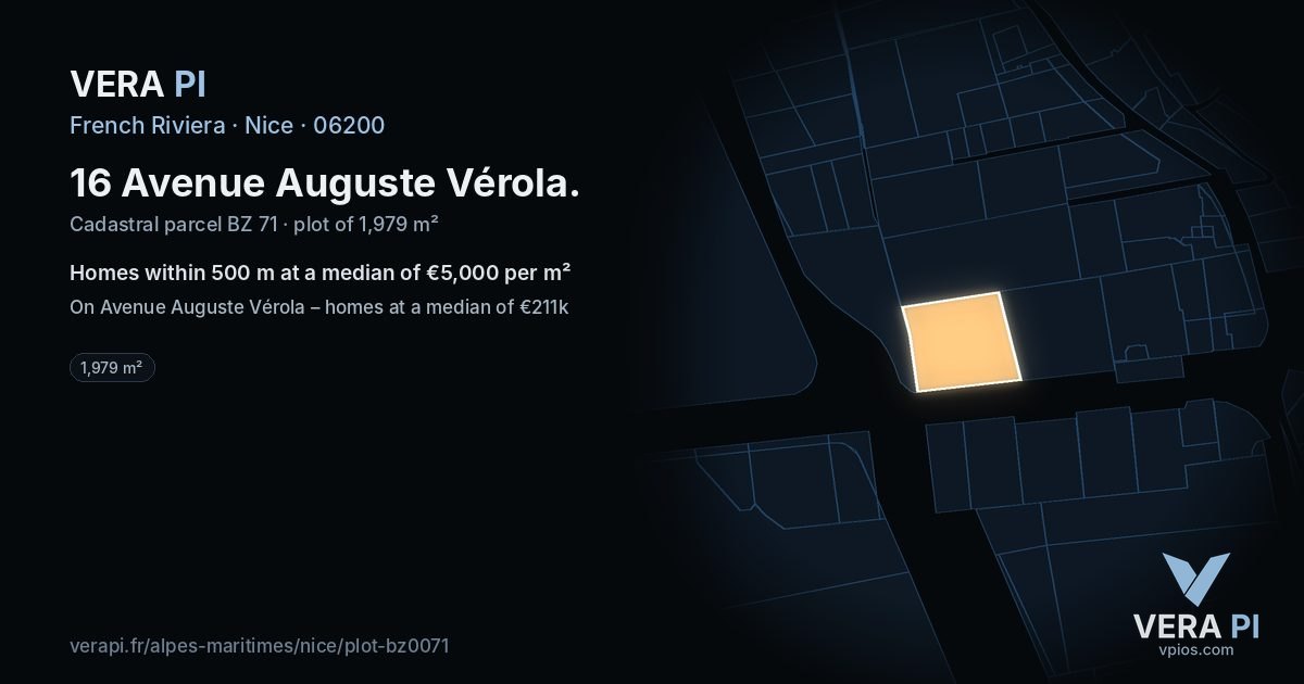 16 Avenue Auguste Vérola, Nice at night – the plot lit, the parcels around coloured by the prices near them