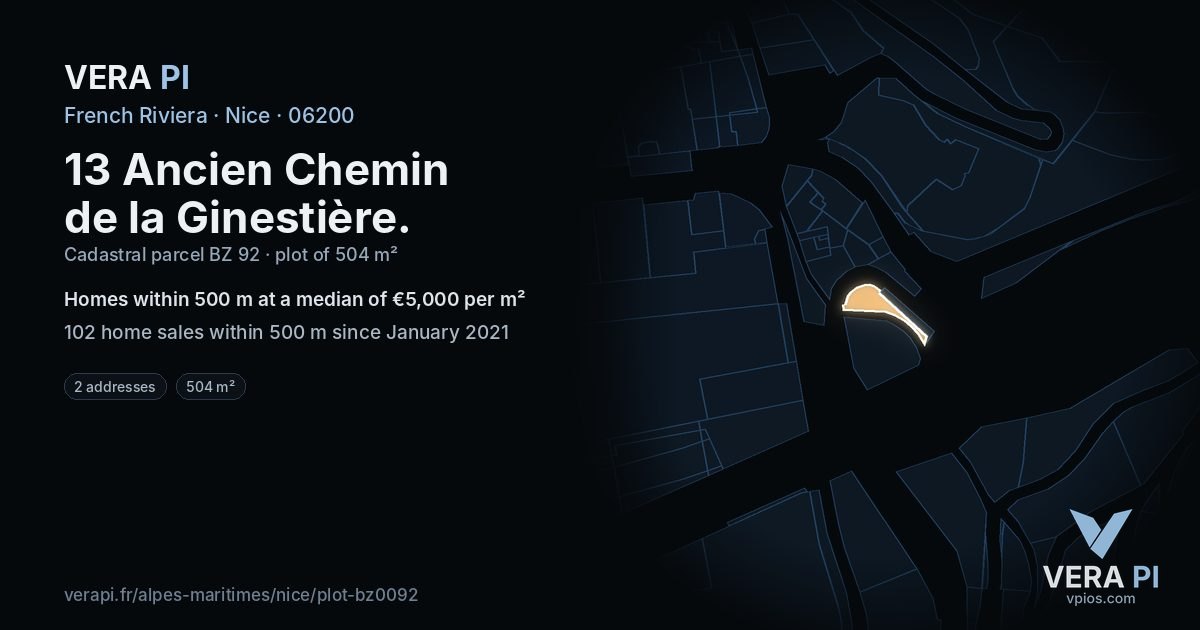 13 Ancien Chemin de la Ginestière, Nice at night – the plot lit, the parcels around coloured by the prices near them