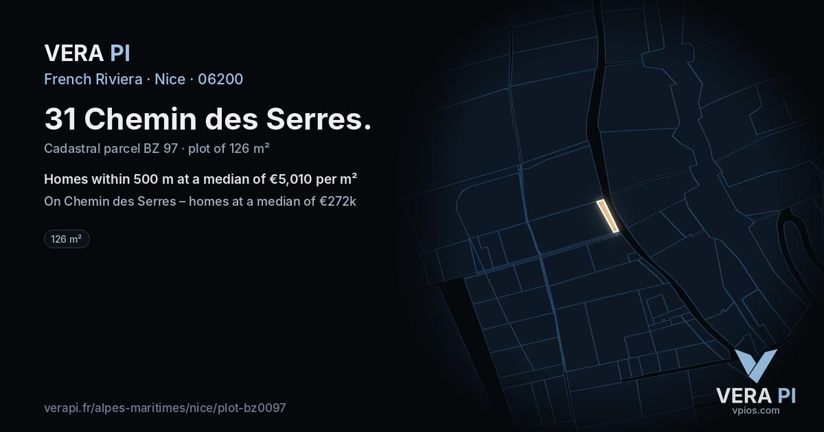 31 Chemin des Serres, Nice at night – the plot lit, the parcels around coloured by the prices near them