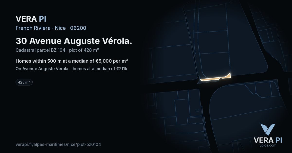 30 Avenue Auguste Vérola, Nice at night – the plot lit, the parcels around coloured by the prices near them