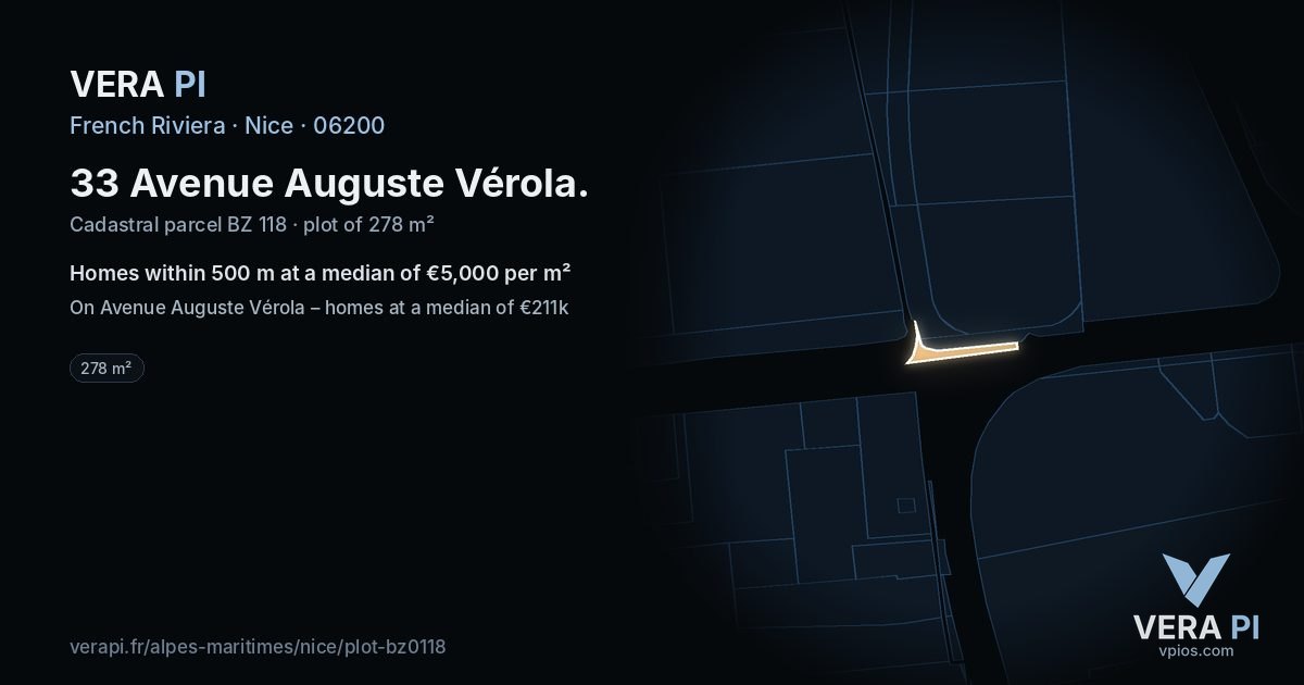 33 Avenue Auguste Vérola, Nice at night – the plot lit, the parcels around coloured by the prices near them