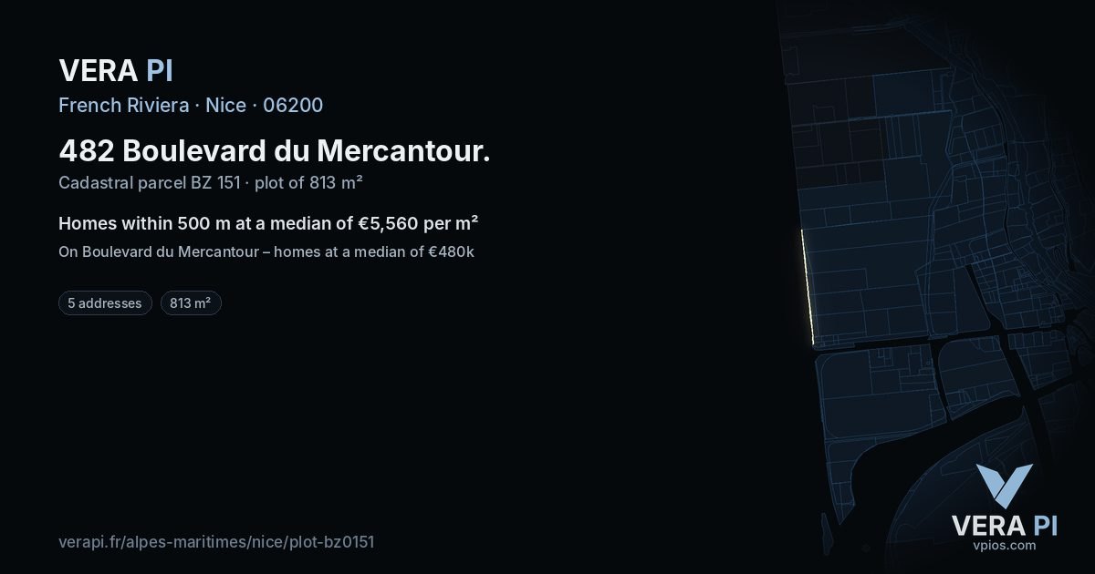 482 Boulevard du Mercantour, Nice at night – the plot lit, the parcels around coloured by the prices near them
