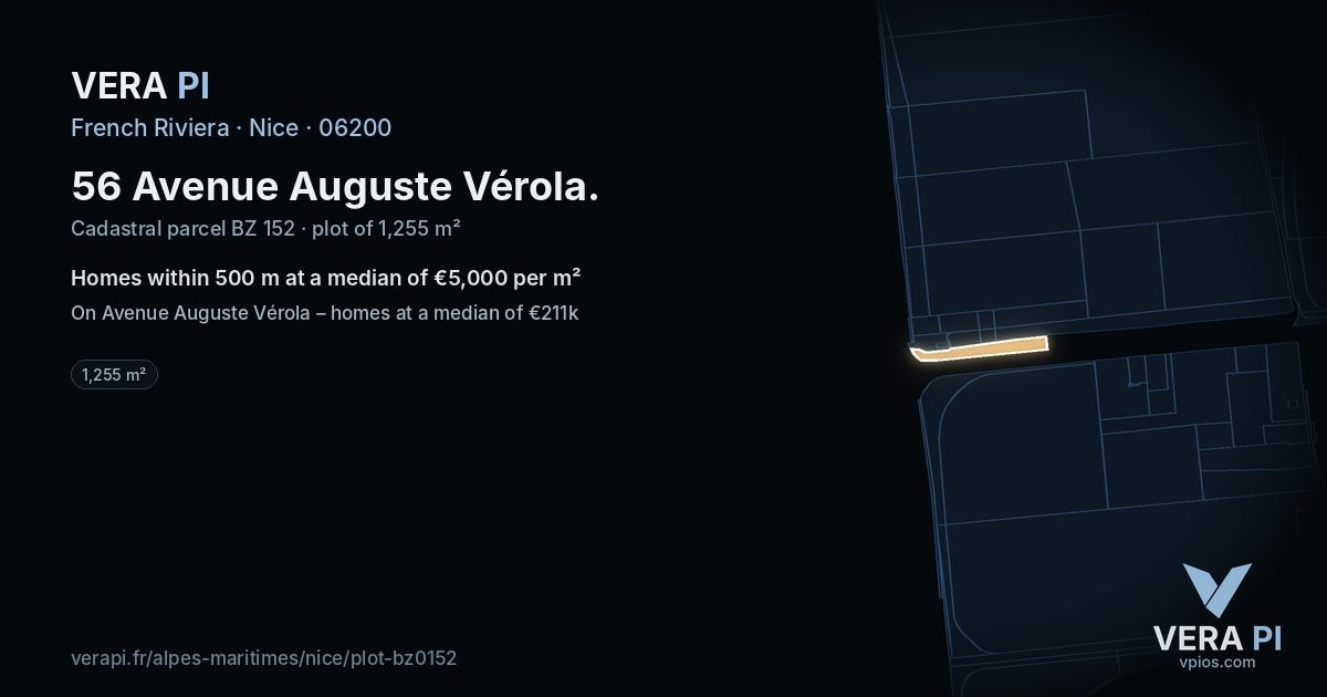 56 Avenue Auguste Vérola, Nice at night – the plot lit, the parcels around coloured by the prices near them