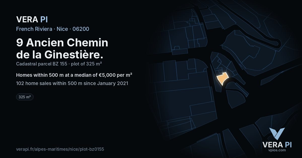 9 Ancien Chemin de la Ginestière, Nice at night – the plot lit, the parcels around coloured by the prices near them