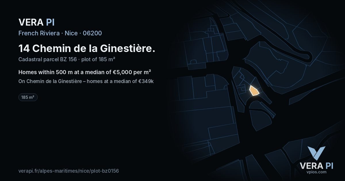 14 Chemin de la Ginestière, Nice at night – the plot lit, the parcels around coloured by the prices near them