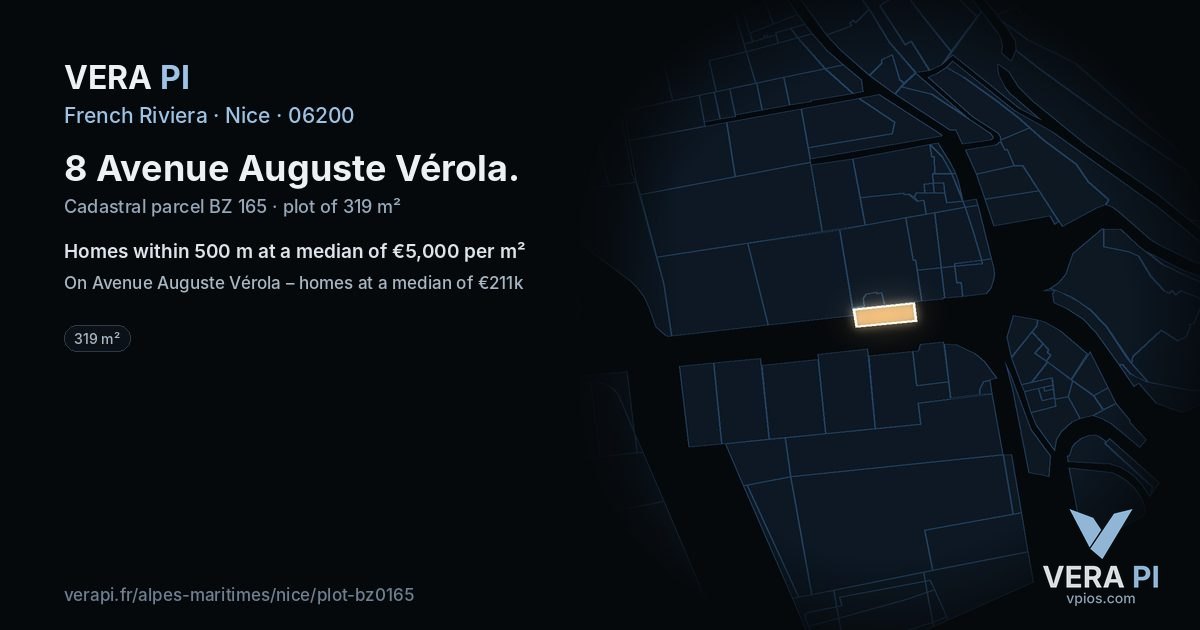 8 Avenue Auguste Vérola, Nice at night – the plot lit, the parcels around coloured by the prices near them