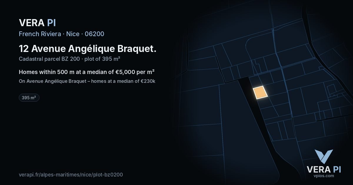 12 Avenue Angélique Braquet, Nice at night – the plot lit, the parcels around coloured by the prices near them